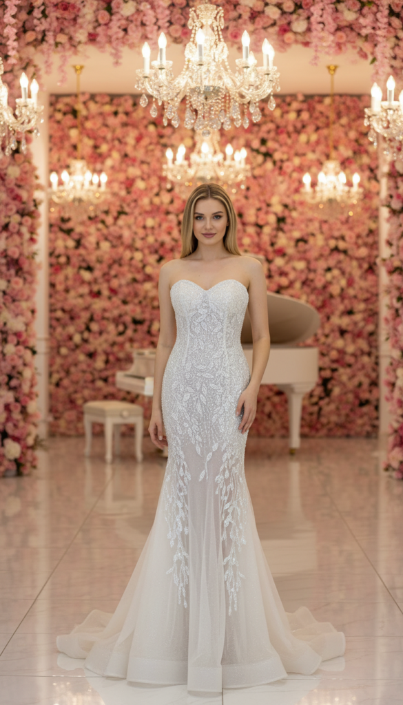 Strapless zeemeermin trouwjurk met bloemen