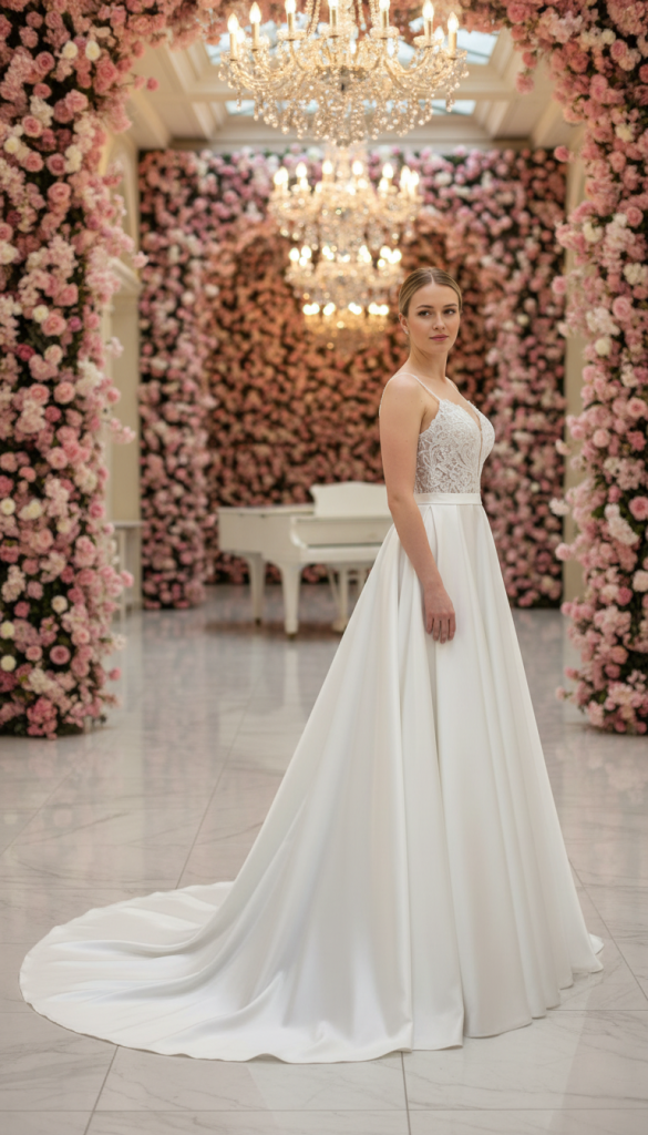 Model draagt trouwjurk met een kanten bovenlijfje en een satijnen rok