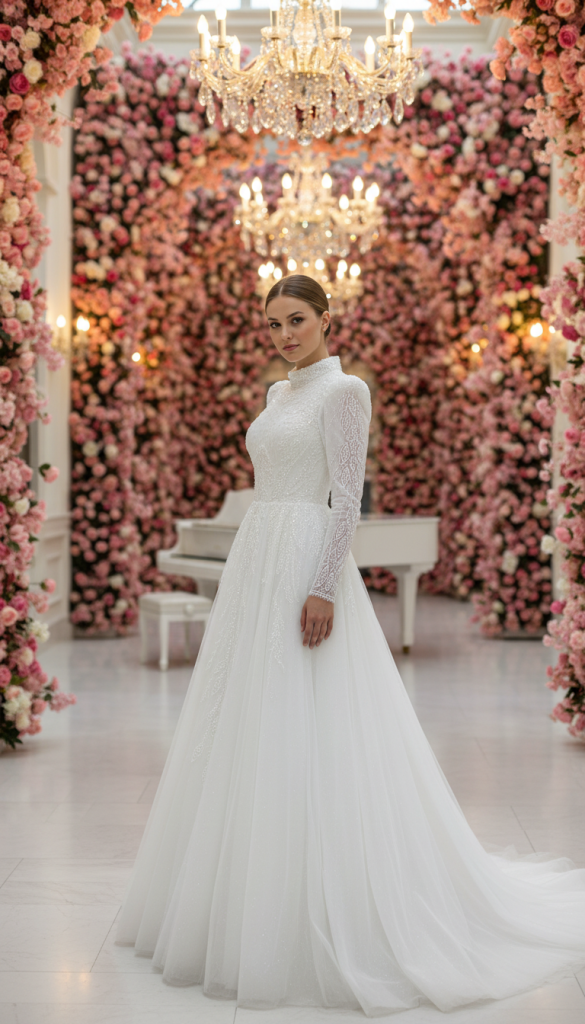 Model draagt A-lijn trouwjurk met lange mouwen