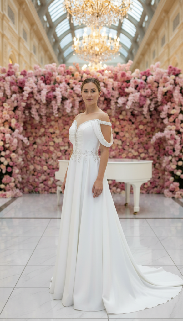 Model draagt satijnen A-lijn trouwjurk