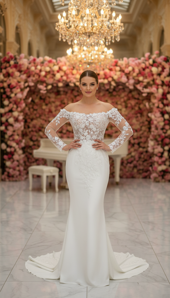 Model draagt zeemeermin trouwjurk met off shoulder mouwen